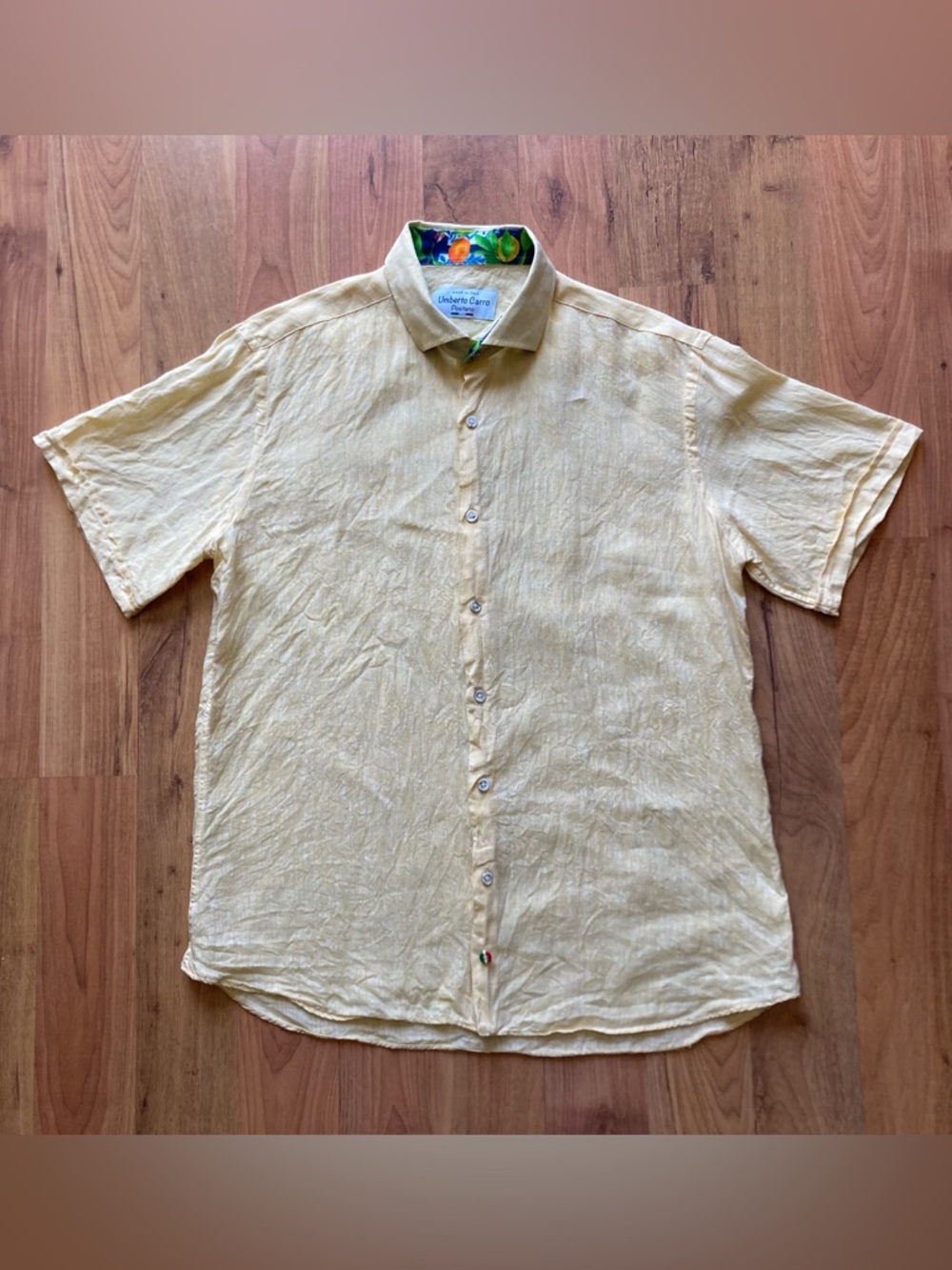 Umberto Carro Positano Linen Mens Medium Yellow Shirt Short Sleeve Made In Italy
